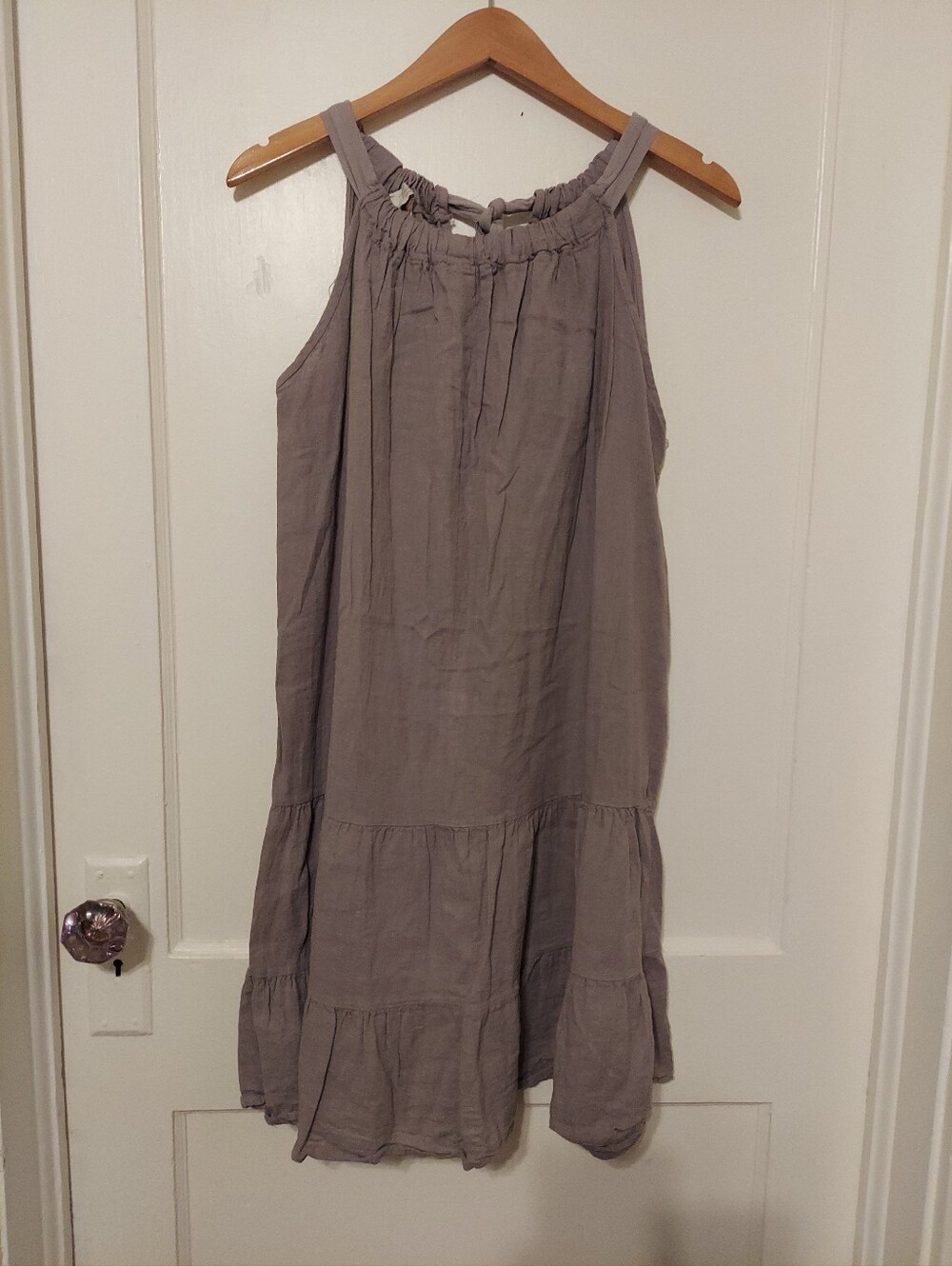BELLAMBRA ITALY Sleeveless Tiered Halter Dress Large 100%Linen Resort Minimalist